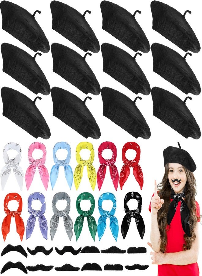 Fourluoo 36 Pcs French Beret Set for Kid Paris Themed Hat Artist Girl Beret Neck Scarf Fake Mustache for Winter Cosplay Party(Black) - Image 1